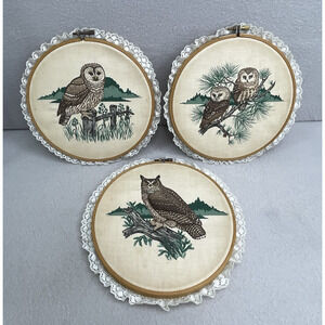 VTG 3 Owl Fabric Embroidery Hoops Wall Art Country Cottage Cabin Decor